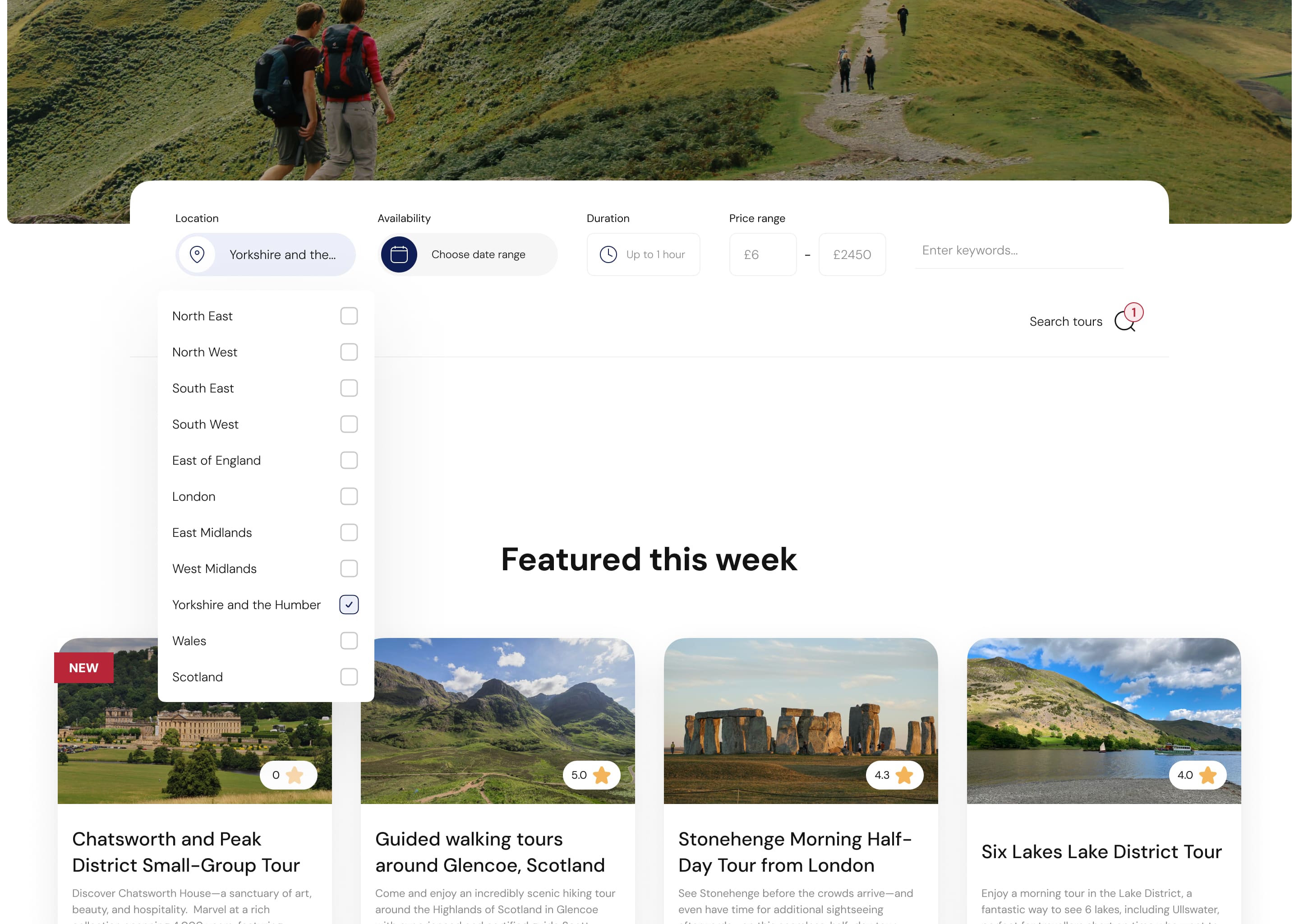 Website interface displaying a tour service platform. Dropdown menu shows regions in the UK. Featured this week section highlights four tours with images.